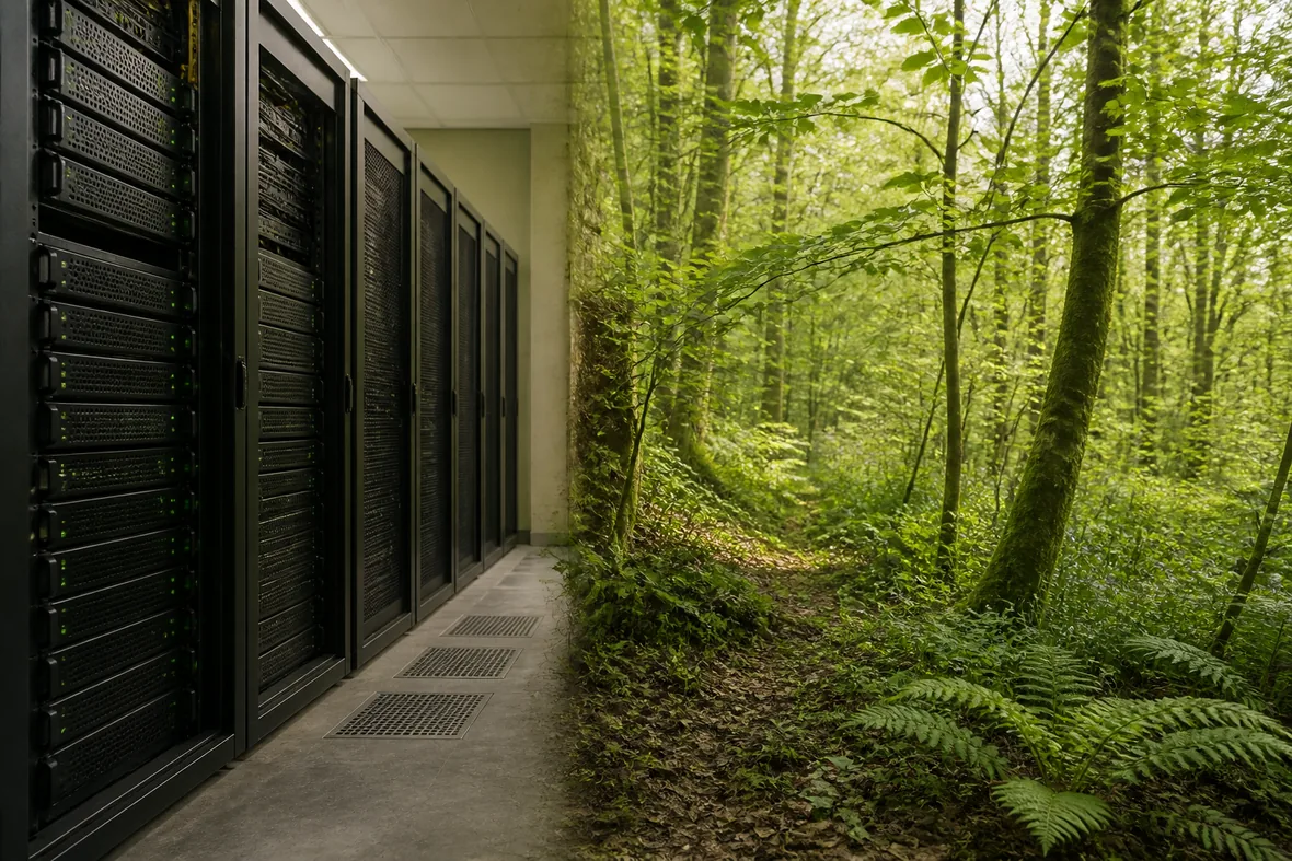 Server cabinets beside a green woodland